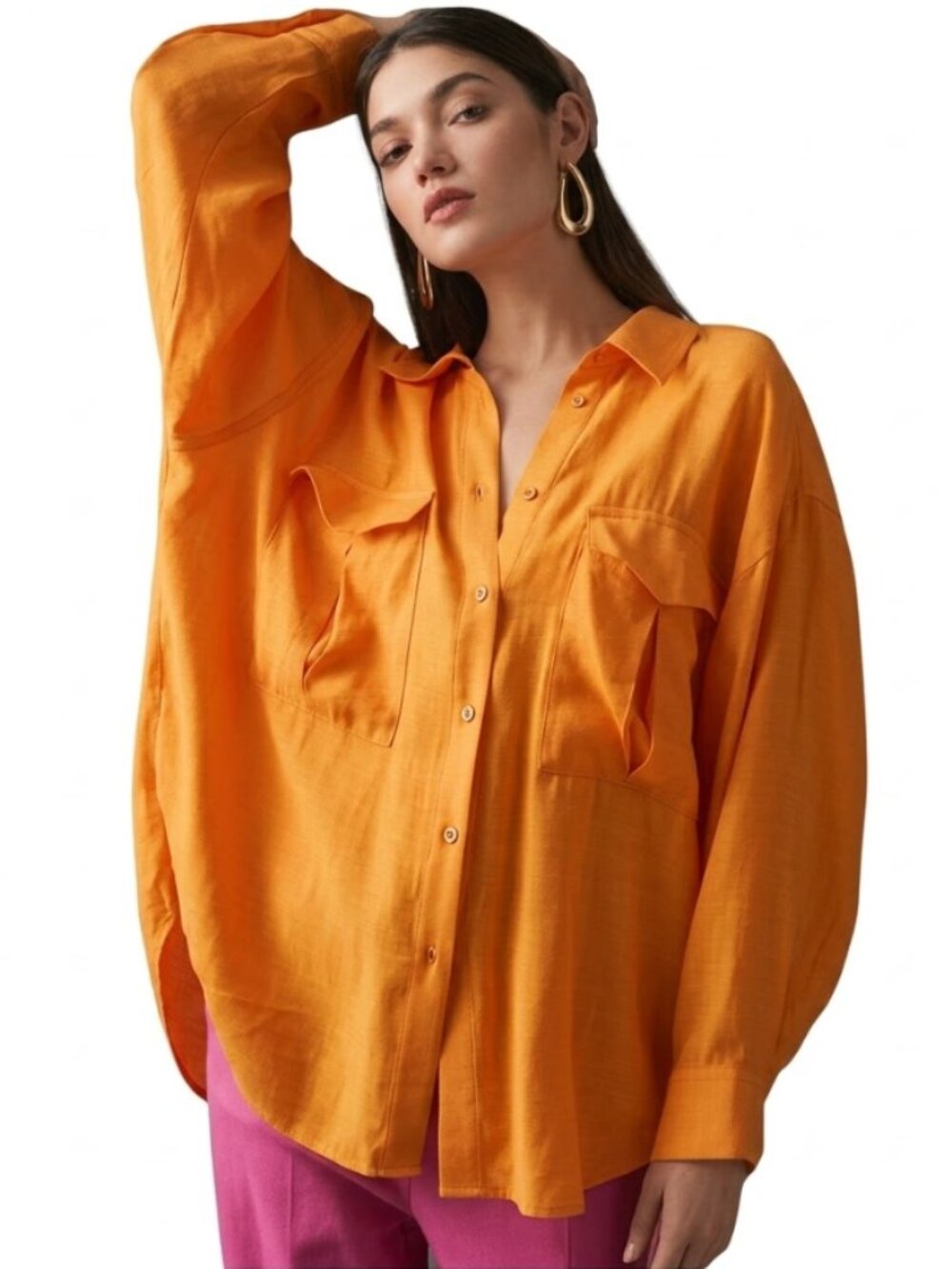 Maeve | Anthropologie Relaxed Utility Button Down Shirt Bright Orange | Small